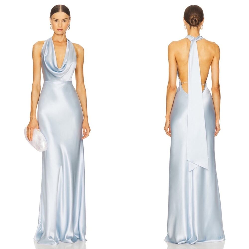 SAU LEE Pearl Cowl Neck Satin Draped Back Pastel Blue Maxi Dress Size 6